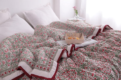 Red And Green Christmas Cotton Hand Block Printed Razai- Winter Kantha Quilt