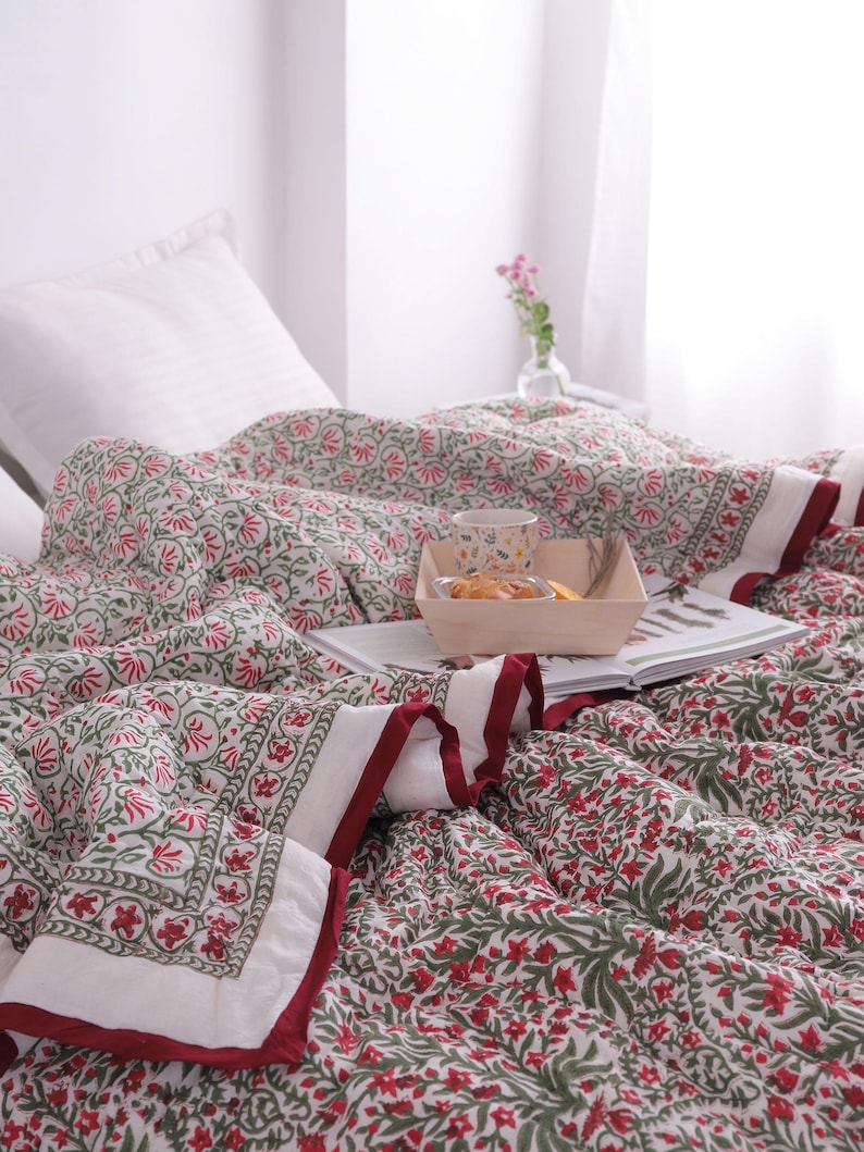 Red And Green Christmas Cotton Hand Block Printed Razai- Winter Kantha Quilt