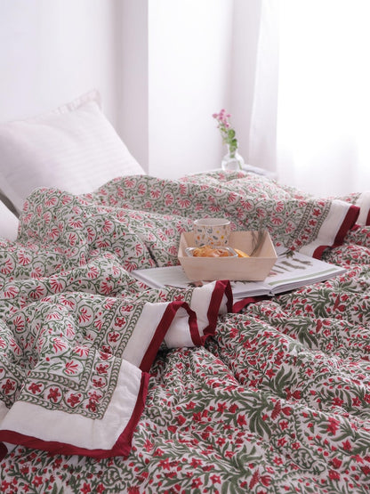 Red And Green Christmas Cotton Hand Block Printed Razai- Winter Kantha Quilt