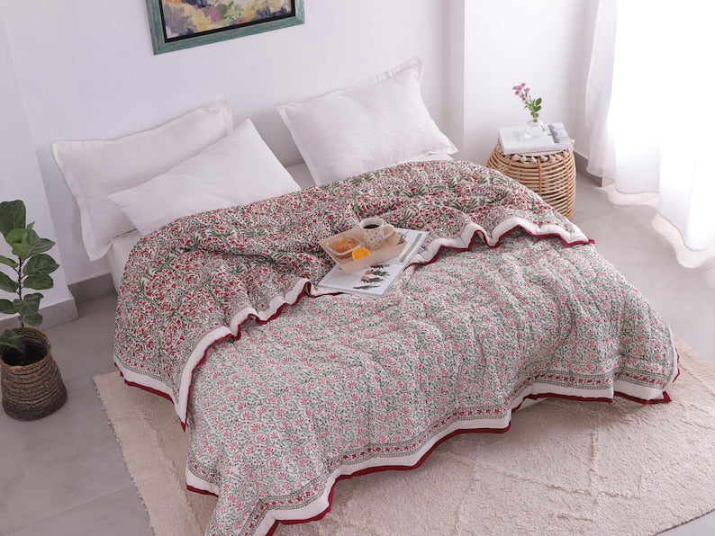 Red And Green Christmas Cotton Hand Block Printed Razai- Winter Kantha Quilt