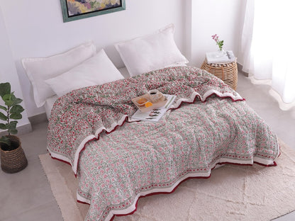 Red And Green Christmas Cotton Hand Block Printed Razai- Winter Kantha Quilt