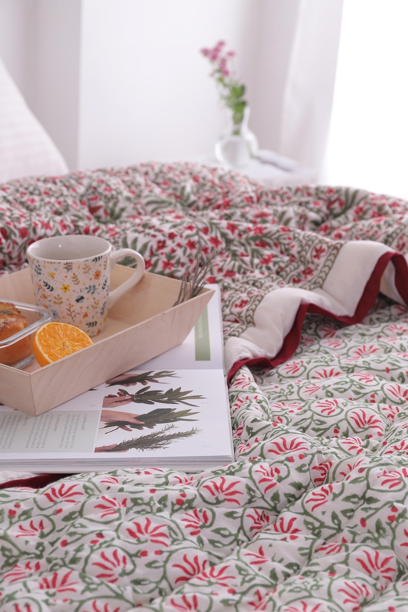 Red And Green Christmas Cotton Hand Block Printed Razai- Winter Kantha Quilt