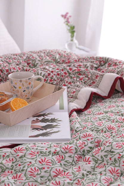 Red And Green Christmas Cotton Hand Block Printed Razai- Winter Kantha Quilt