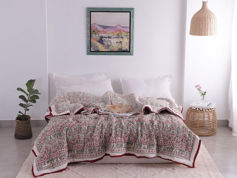 Red And Green Christmas Cotton Hand Block Printed Razai- Winter Kantha Quilt
