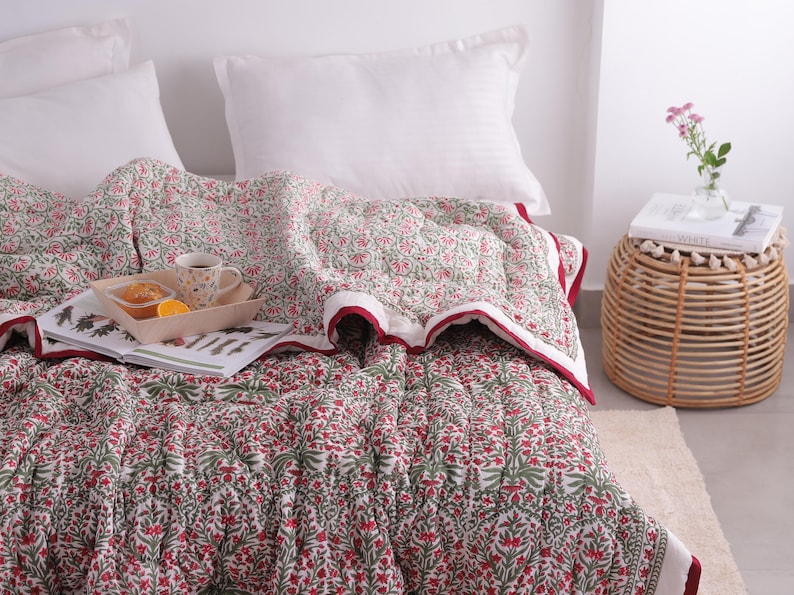 Red And Green Christmas Cotton Hand Block Printed Razai- Winter Kantha Quilt