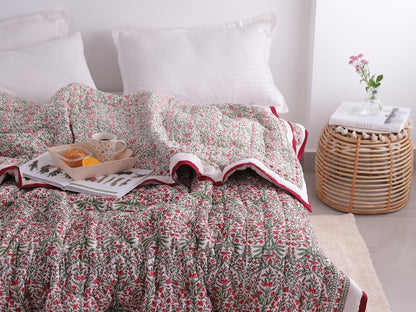 Red And Green Christmas Cotton Hand Block Printed Razai- Winter Kantha Quilt