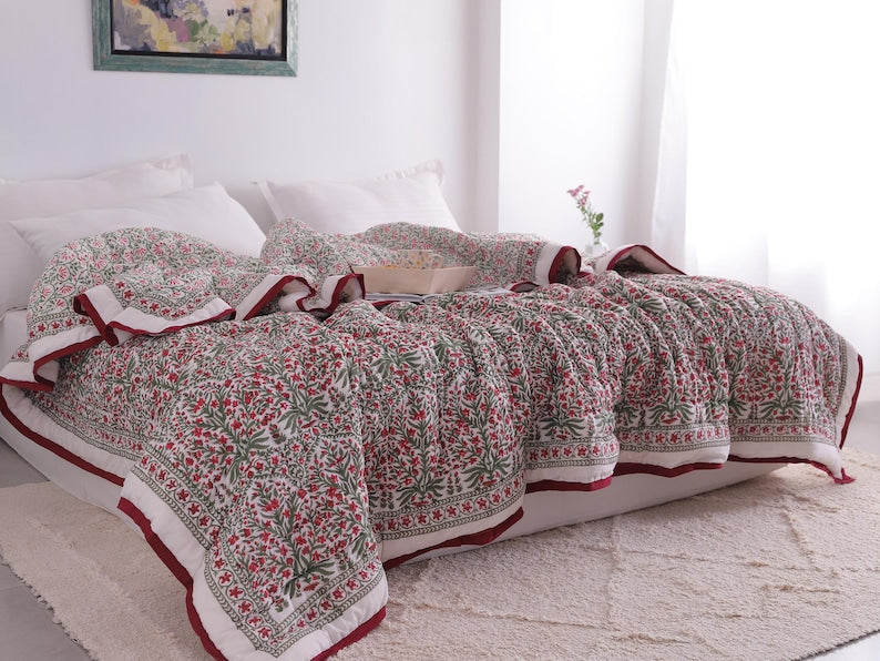 Red And Green Christmas Cotton Hand Block Printed Razai- Winter Kantha Quilt