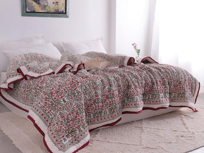 Red And Green Christmas Cotton Hand Block Printed Razai- Winter Kantha Quilt