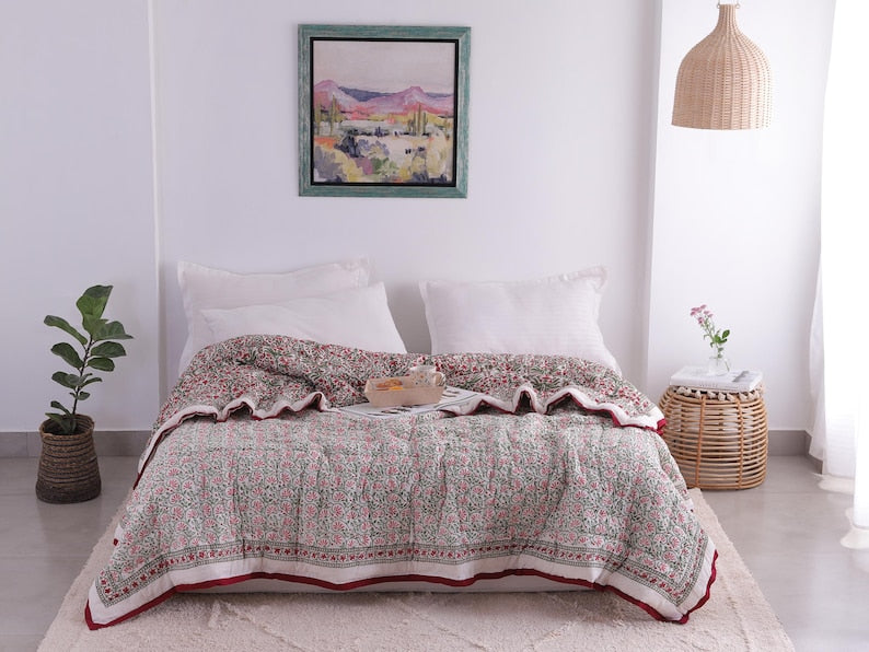 Red And Green Christmas Cotton Hand Block Printed Razai- Winter Kantha Quilt