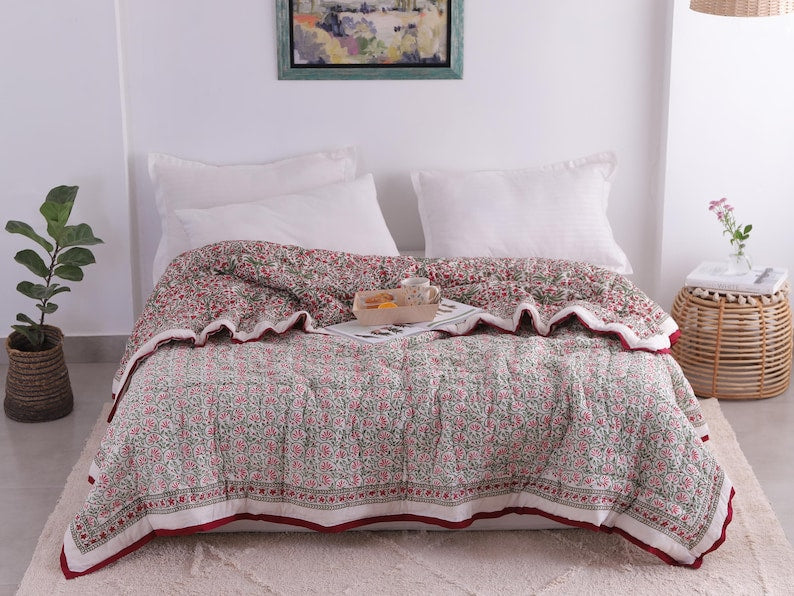 Red And Green Christmas Cotton Hand Block Printed Razai- Winter Kantha Quilt