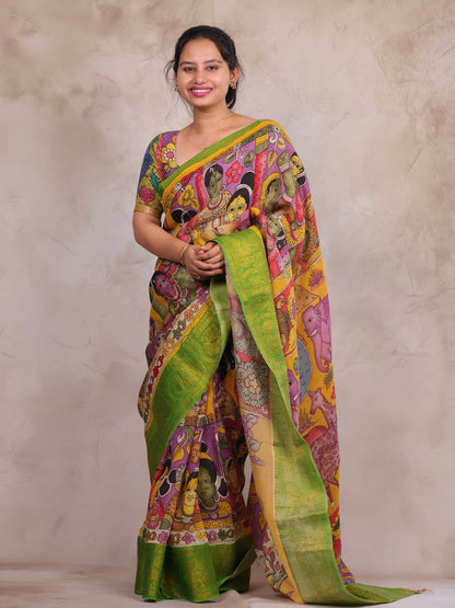 Hand Drawn Pen Kalamkari Lavender And Green Bangalore Silk Kanchi Border Saree