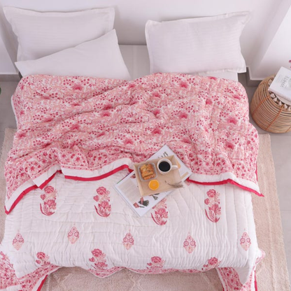 Pink Red Printed Reversible Cotton Duvet Quilt