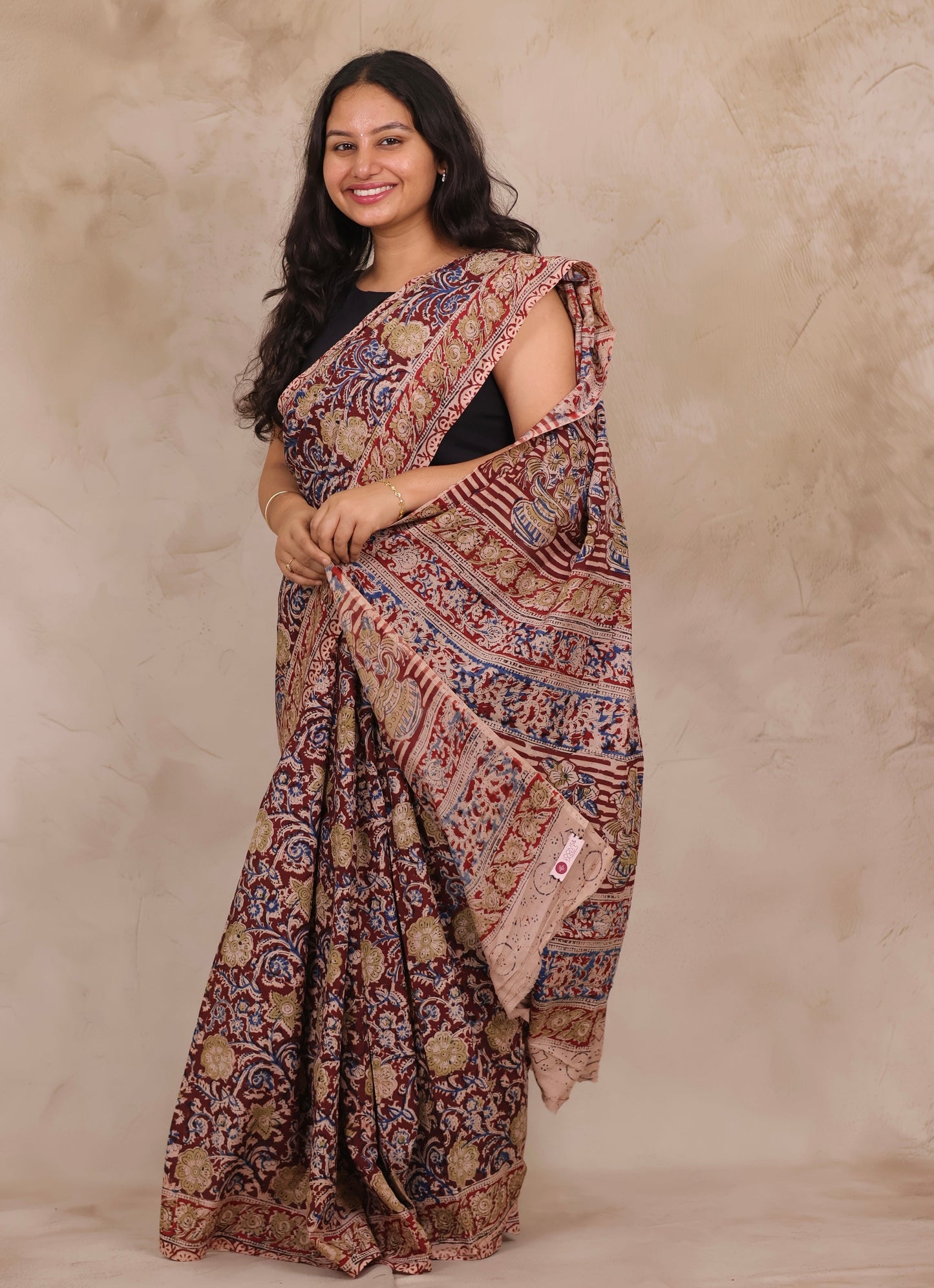Maroon Hand Block Printed Kalamkari Chennur Silk Saree