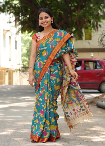 Teal Lotus Hand Block Printed Kalamkari Nizam Border Chennur Silk Saree