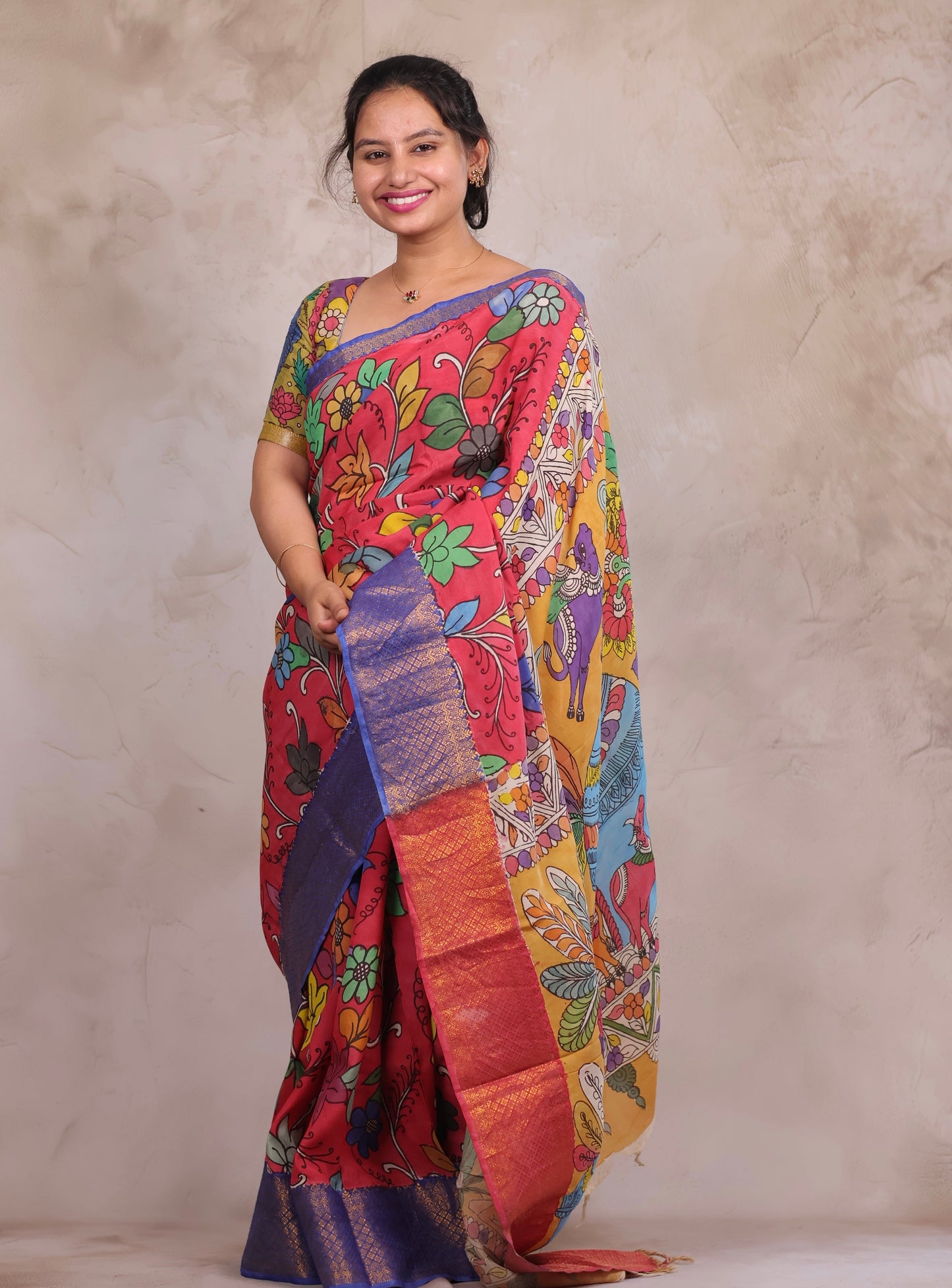 Hand Drawn Pen Kalamkari Pink And Blue Bangalore Silk Kanchi Border Saree
