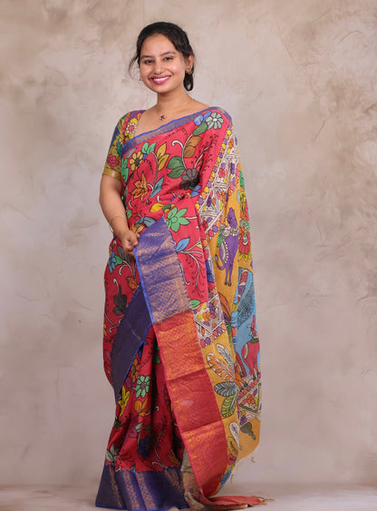 Hand Drawn Pen Kalamkari Pink And Blue Bangalore Silk Kanchi Border Saree