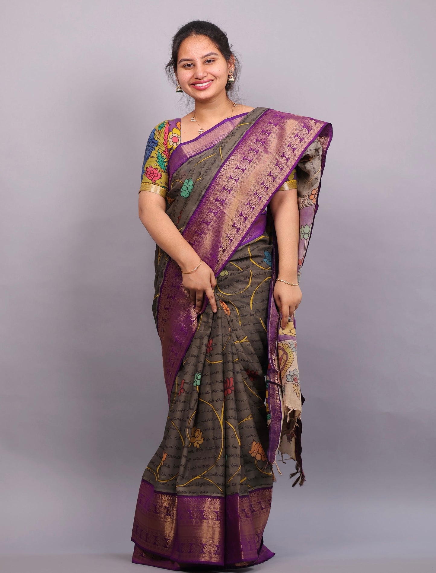 Grey Hand Drawn Pen Kalamkari Uppada Silk Kuppadam Border Saree