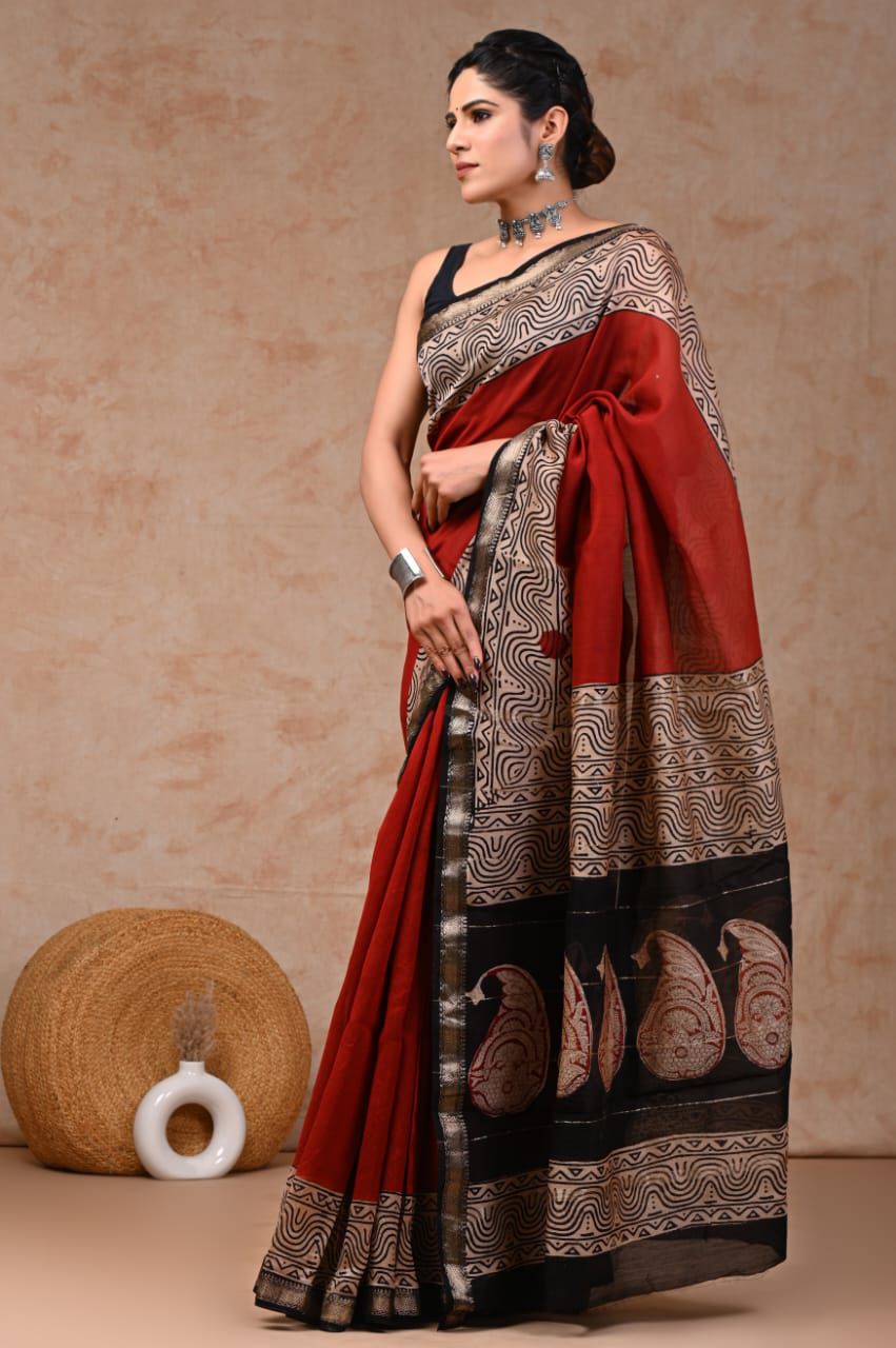 New Designer Hand Block Print Maheshwari Silk Saree
