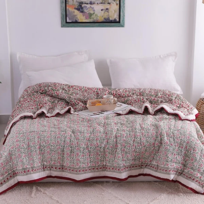 Red And Green Christmas Cotton Hand Block Printed Razai- Winter Kantha Quilt