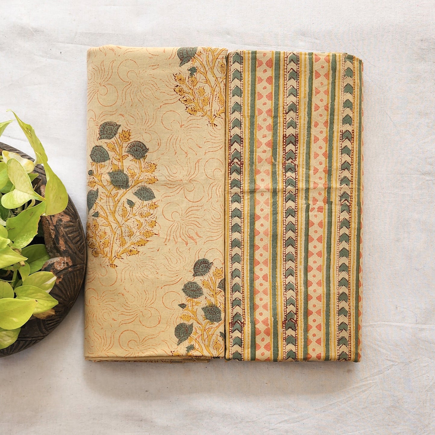 Top Bottom Combo Pure Cotton Jaipuri Cream With Plant