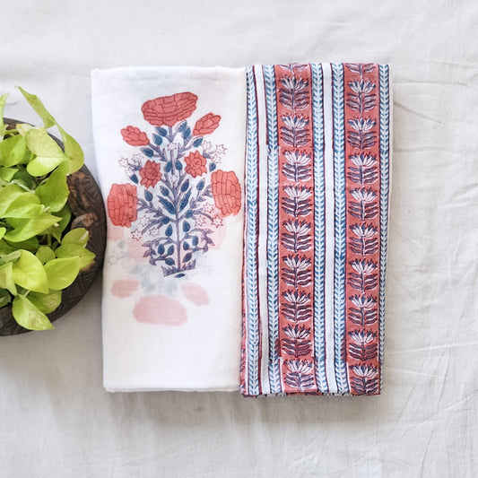Top Bottom Combo Pure Mul Cotton Jaipuri White With Peach