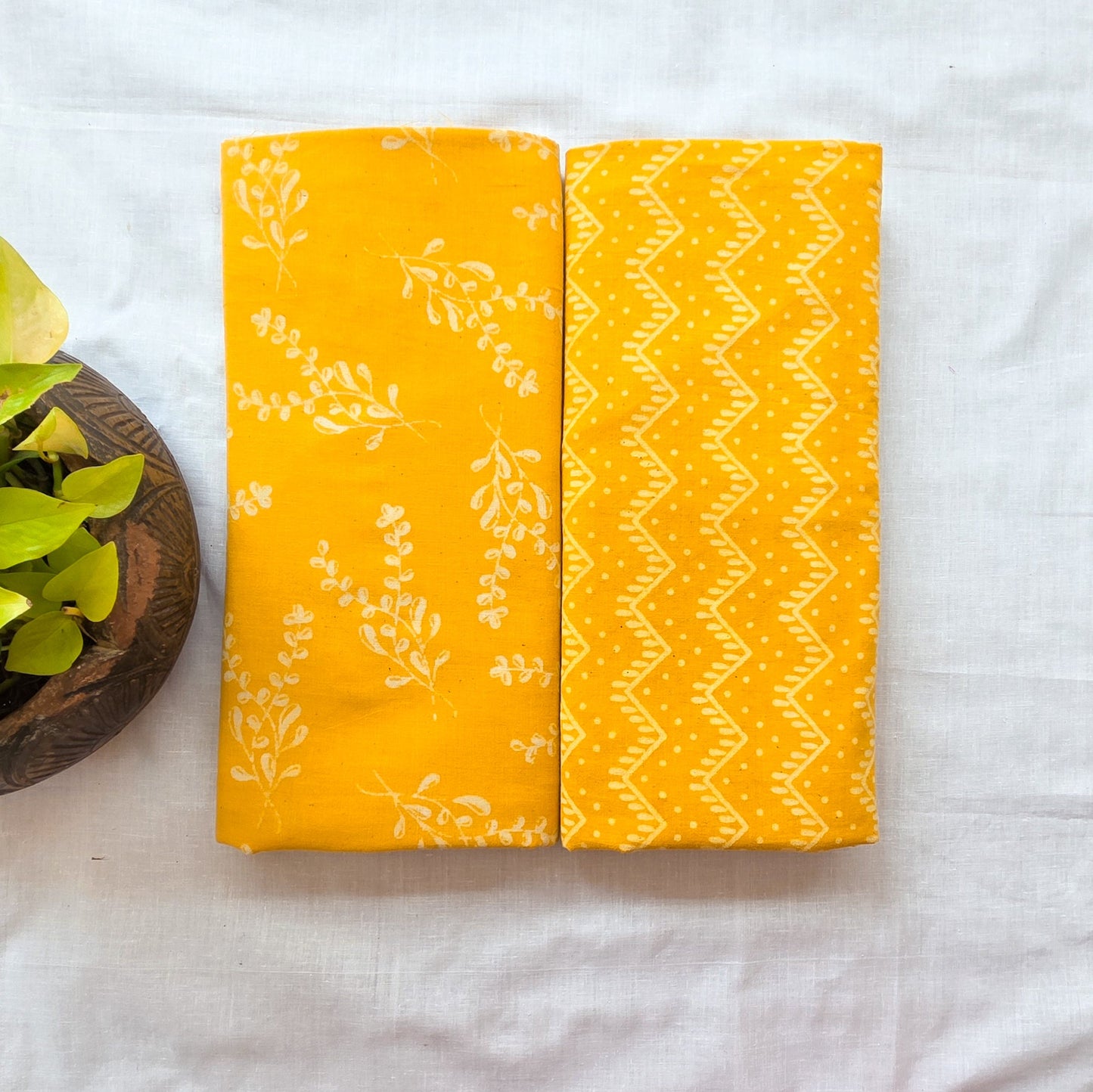 Pure Cotton Dabu Yellow With Leaves Motif Top Bottom Combo