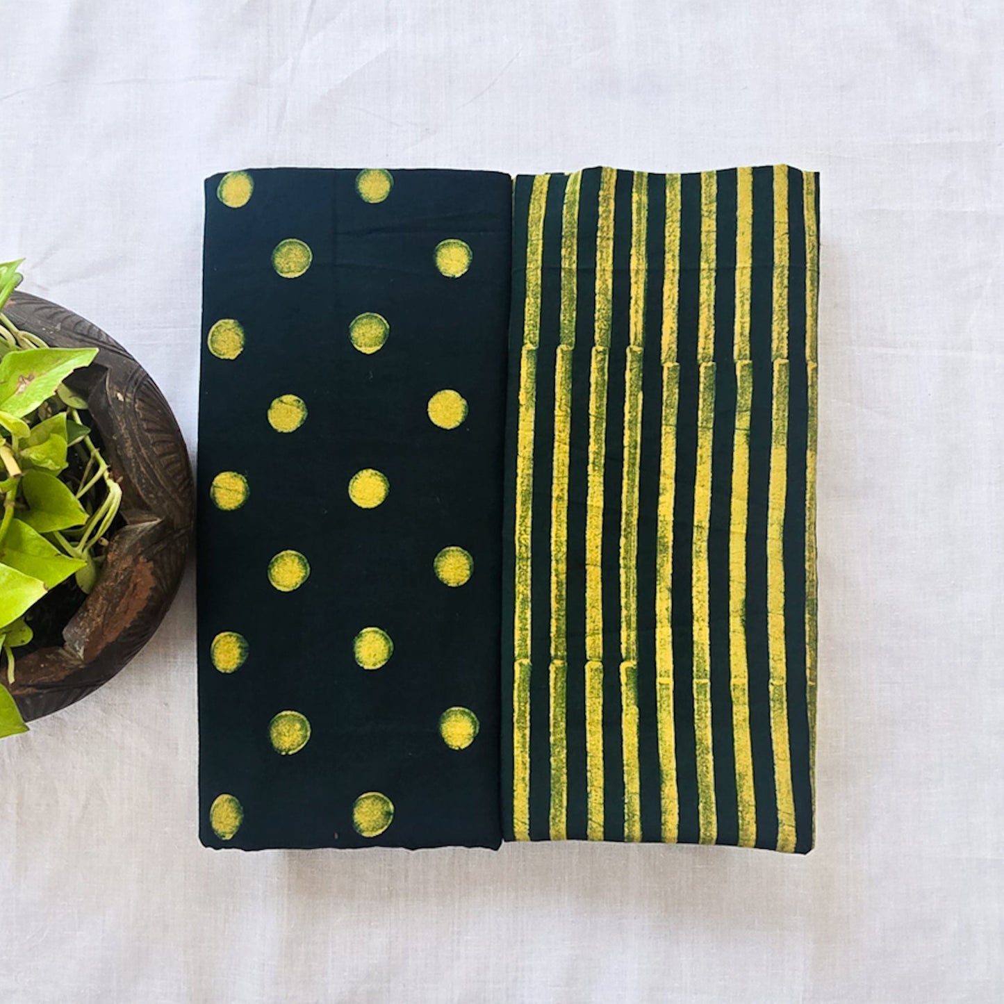 Pure Cotton Akola Dabu Dark Green With Yellow Small Polka