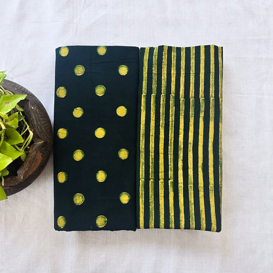Pure Cotton Akola Dabu Dark Green With Yellow Small Polka