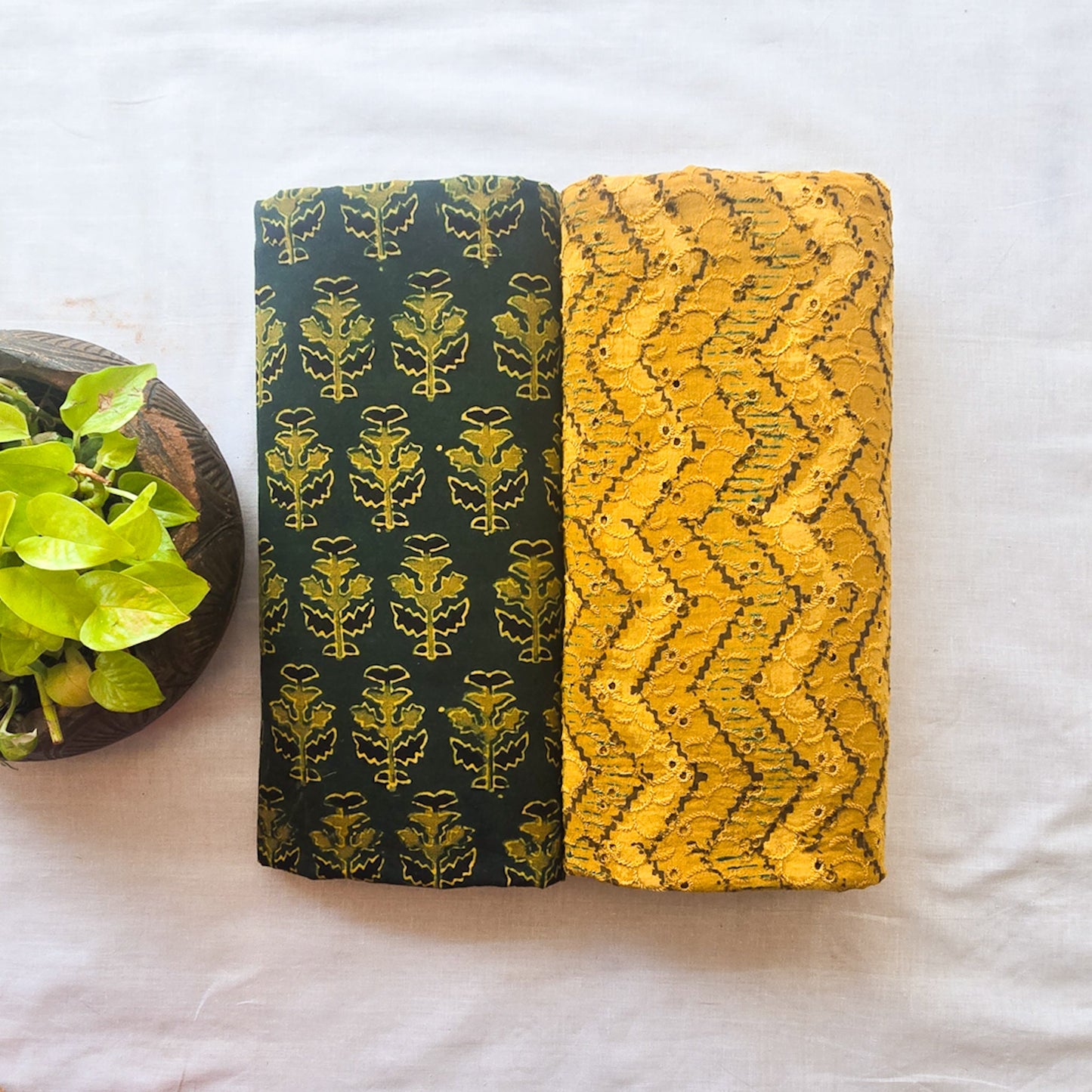Pure Cotton Ajrak Dark Green With Hakoba Zig-Zag Yellow