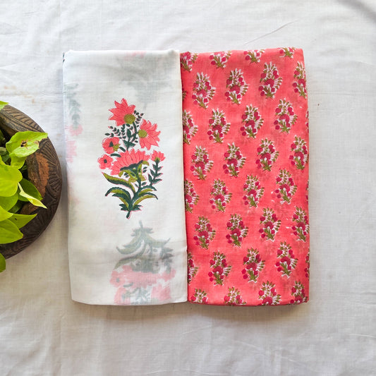 Top Bottom Combo Pure Cotton Mul Jaipuri White With Peach