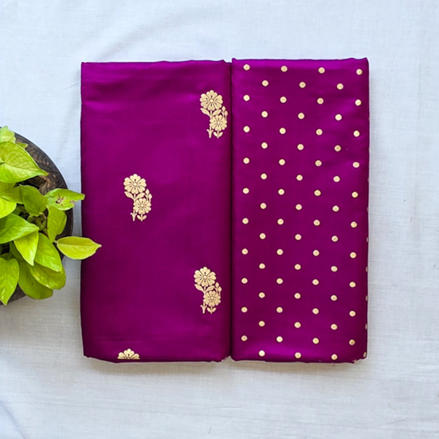 Brocade Purple With Flower Plant Motif And Polka Dot Top