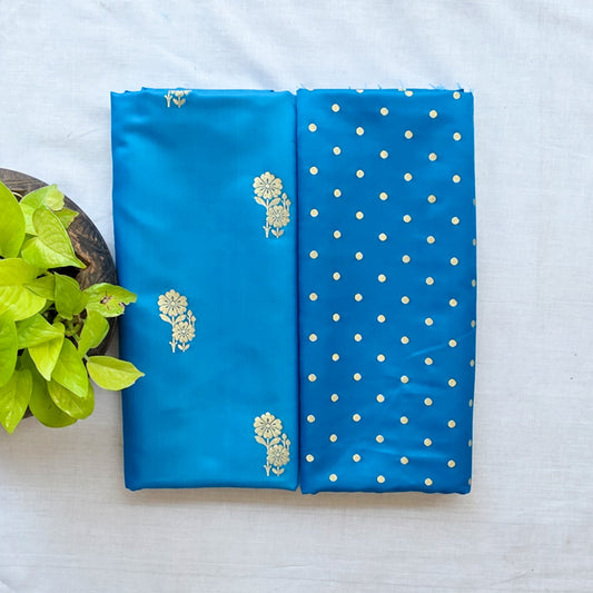 Brocade Blue With Flower Plant Motif And Polka Dot Top