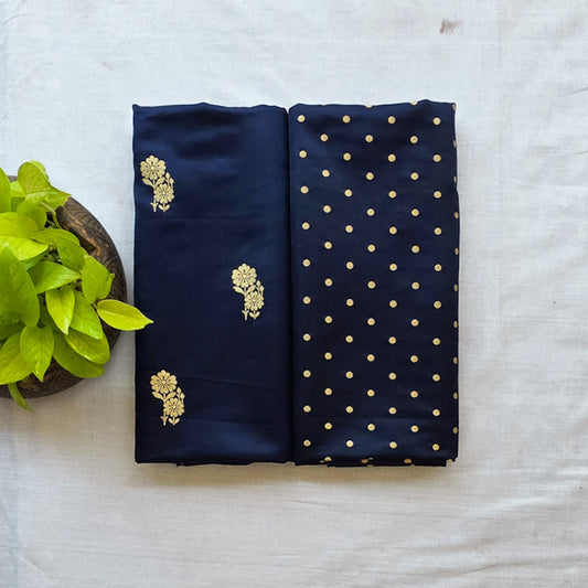 Brocade Deep Navy Blue With Flower Plant Motif And Polka
