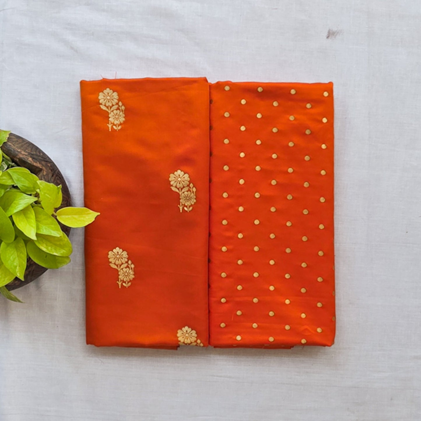 Brocade Orange With Flower Plant Motif And Polka Dot Top