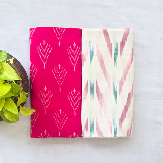 Mercerised Ikkat Pink With White Top And Bottom Combo
