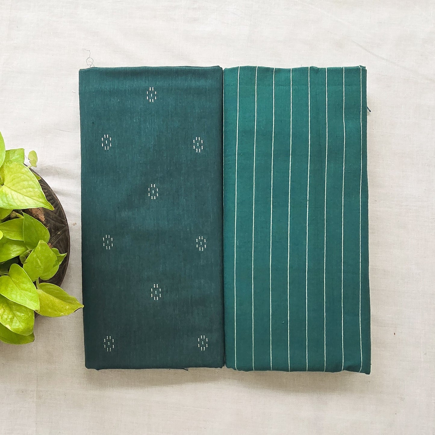 Pure Cotton Combo Handloom Teal Green With Motif Top And