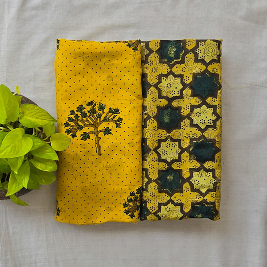 Pure Cotton Dola Silk Ajrak Yellow And Green tree motif