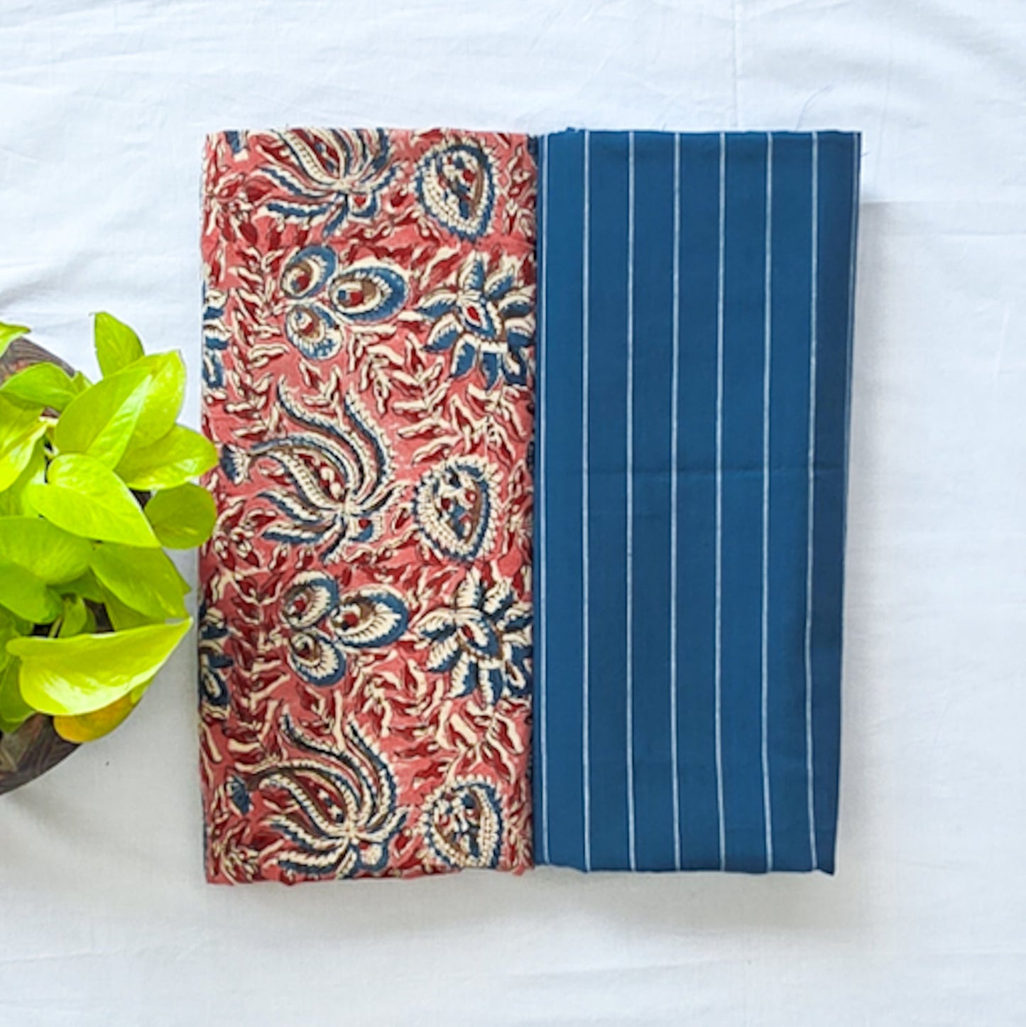 Pure Cotton Katha Kalamkari Pink With Blue Flower Jaal