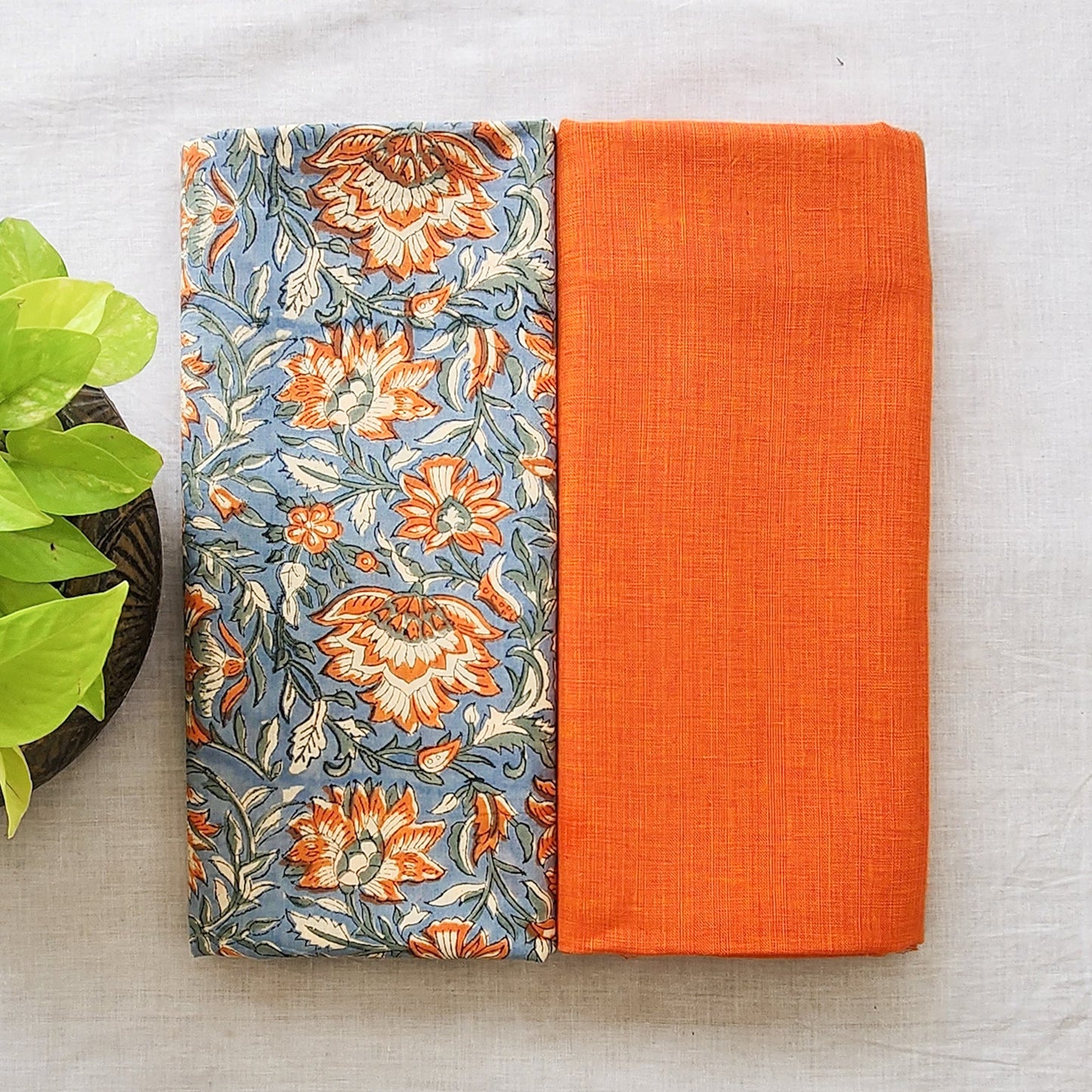 Pure Cotton Jaipuri Light Dusty Blue With Handloom Orange