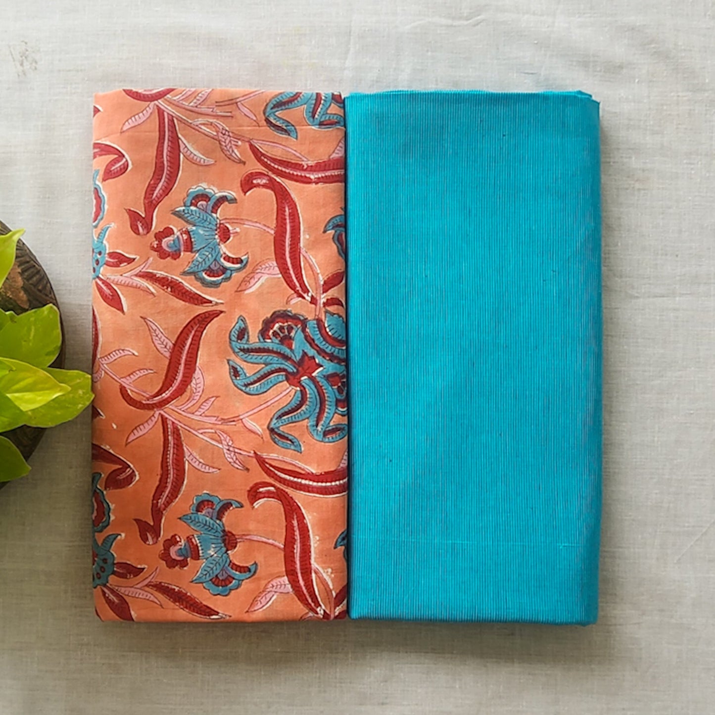 Pure Cotton Jaipuri Light Orange With Handloom Blue Top