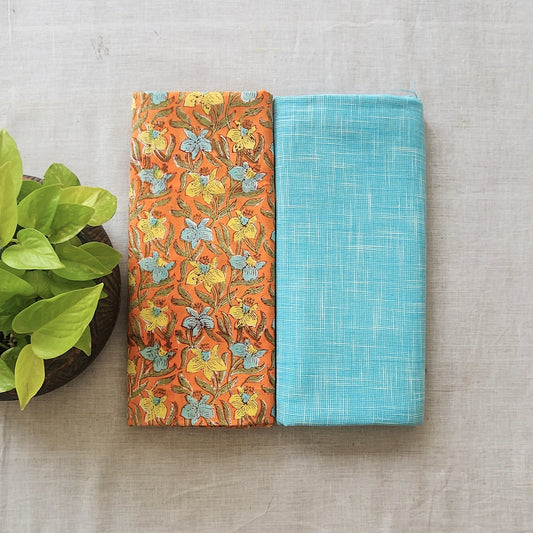 Pure Cotton Jaipuri Orange With Handloom Blue Fabric Top