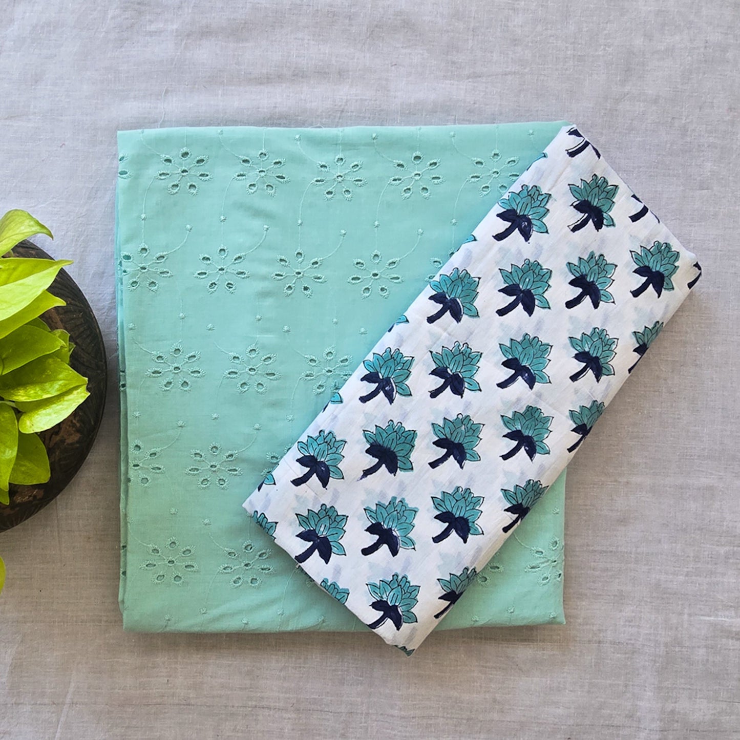 Pure Cotton Hakoba Light Cyan With Flower Motif Top