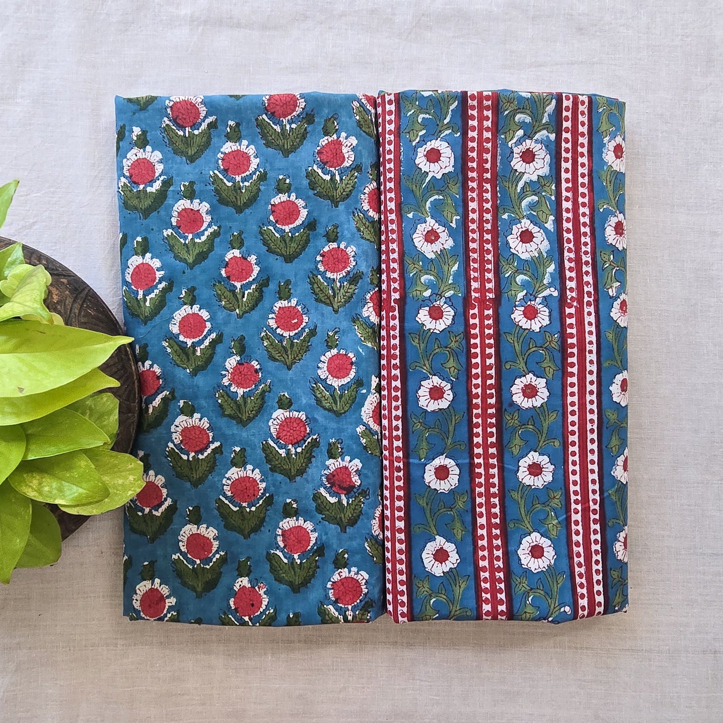 Pure Cotton Jaipuri Blue Top With Red Flower Border
