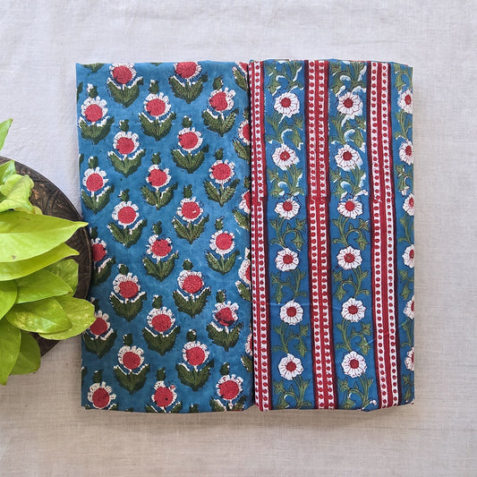 Pure Cotton Jaipuri Blue Top With Red Flower Border