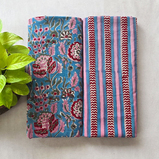 Pure Cotton Jaipuri Light Blue Top With Red Flower Jaal