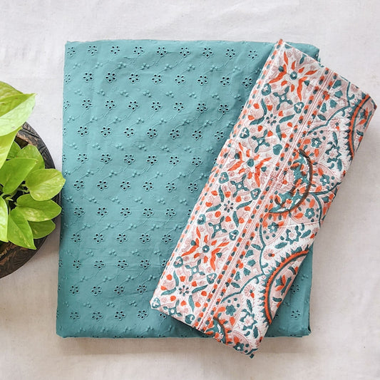 Pure Cotton Hakoba Teal Blue With Flower Jaal And Jaipuri