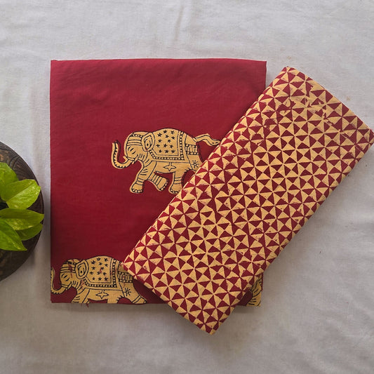 Pure Cotton Akola Dabu Maroon With Elephant Motifs And