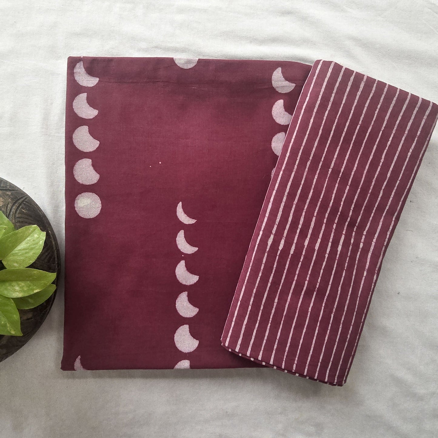 Pure Cotton Combo Dabu With Mauve Half Moon And Stripes