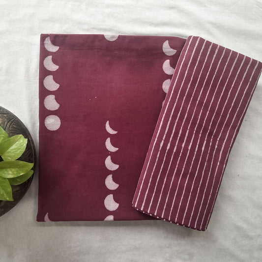 Pure Cotton Combo Dabu With Mauve Half Moon And Stripes