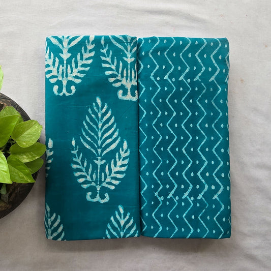 Pure Cotton Combo Dabu Blue With Plant Design And Zig Zag
